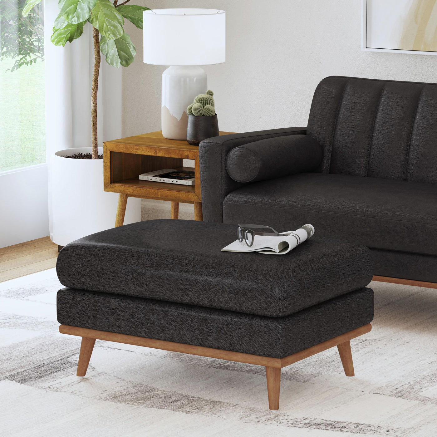 Horizon Ottoman with Wood Base in Pebble Dark Grey