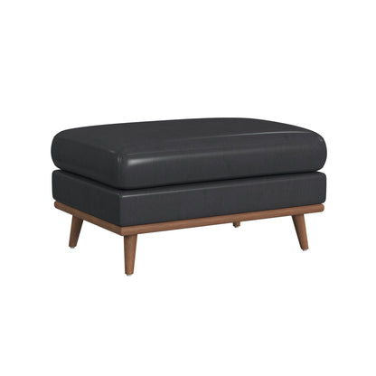 Horizon Ottoman with Wood Base in Pebble Navy