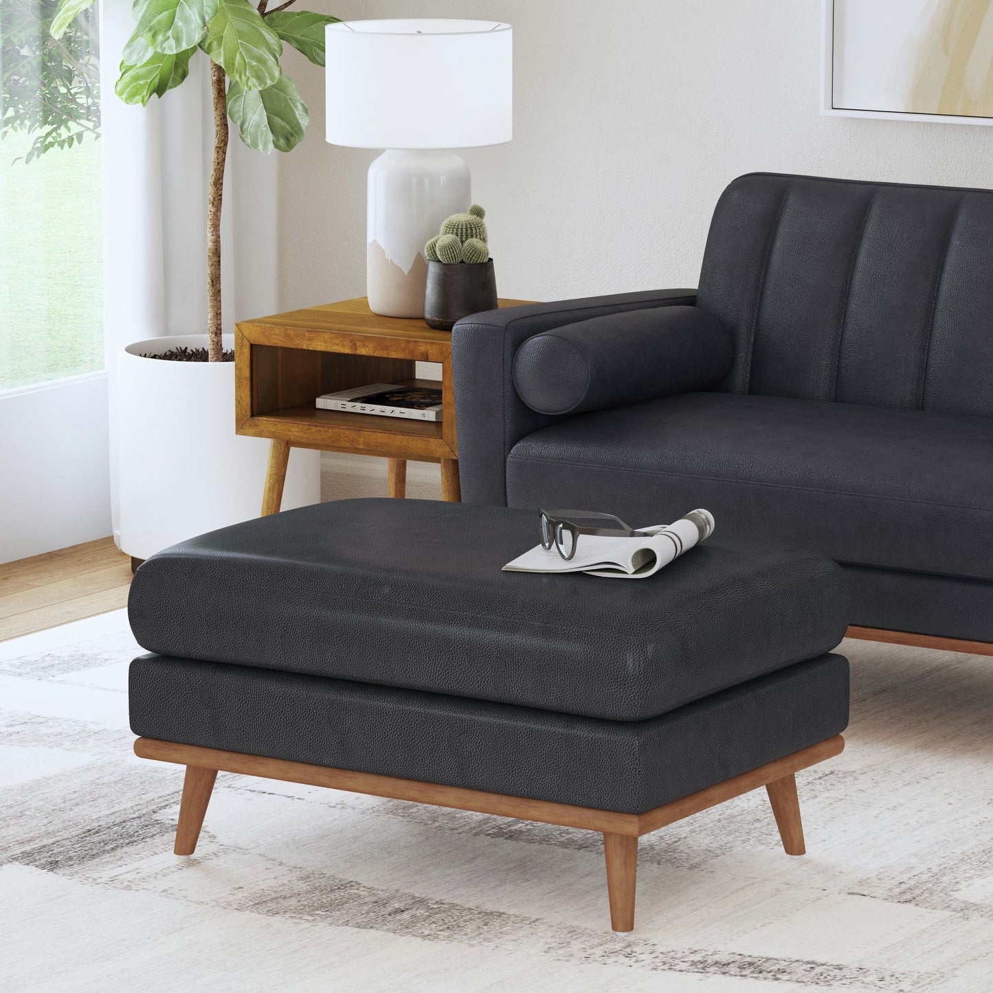 Horizon Ottoman with Wood Base in Pebble Navy