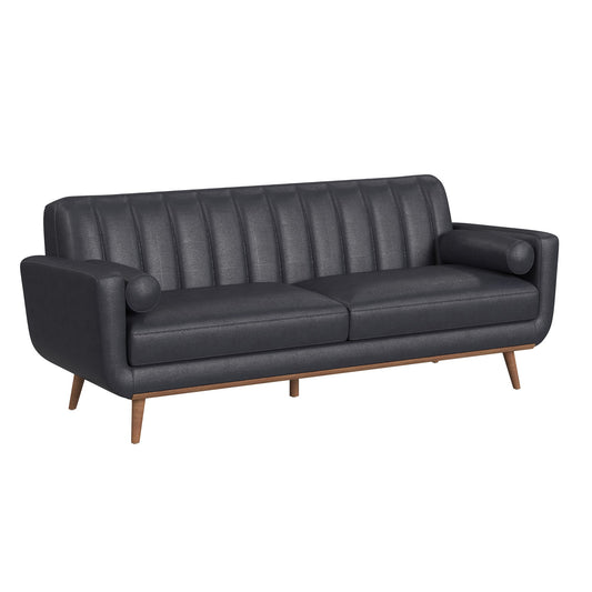 Horizon Sofa with Wood Front and 2 6" bolster Pillows in Pebble Navy