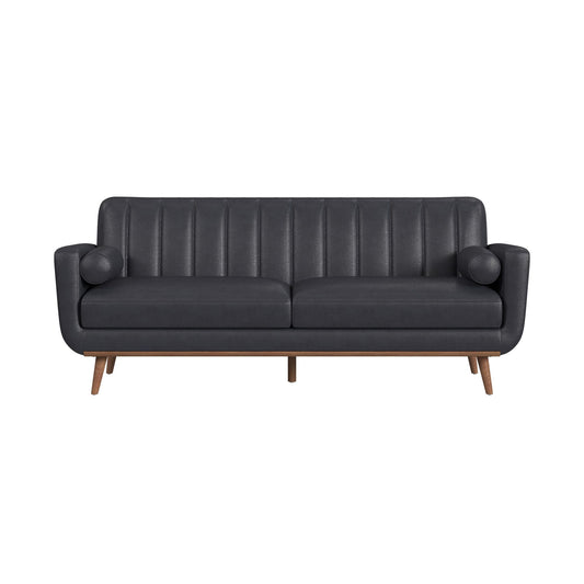 Horizon Sofa with Wood Front and 2 6" bolster Pillows in Pebble Navy