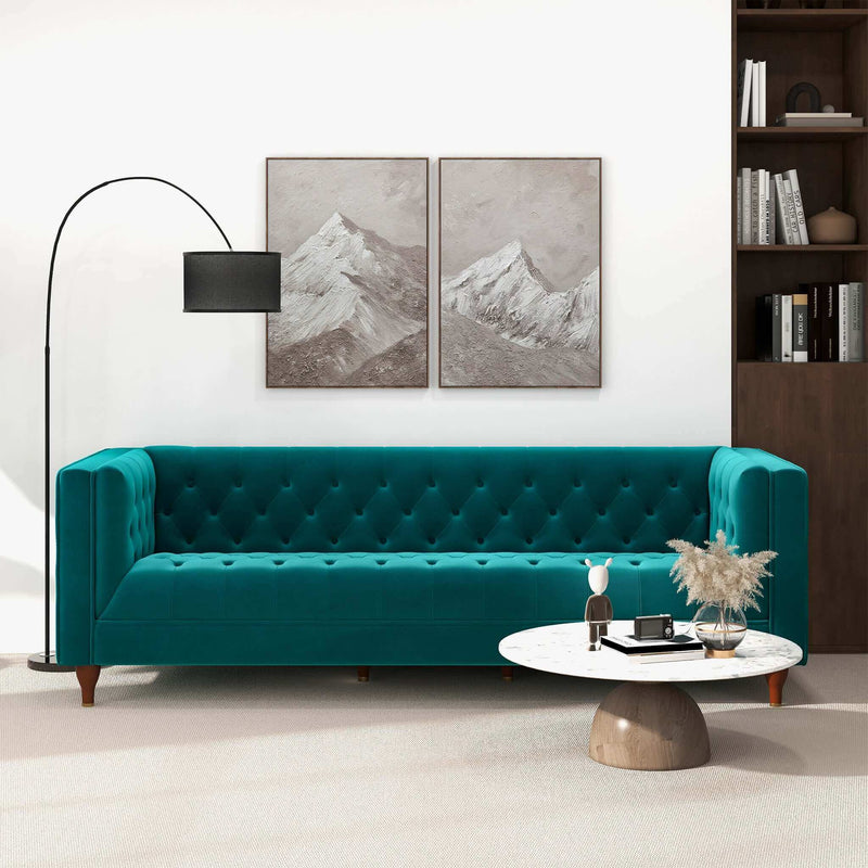 Sofá Chesterfield de lujo Evelyn de mediados de siglo en terciopelo verde azulado