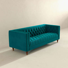 Sofá Chesterfield de lujo Evelyn de mediados de siglo en terciopelo verde azulado