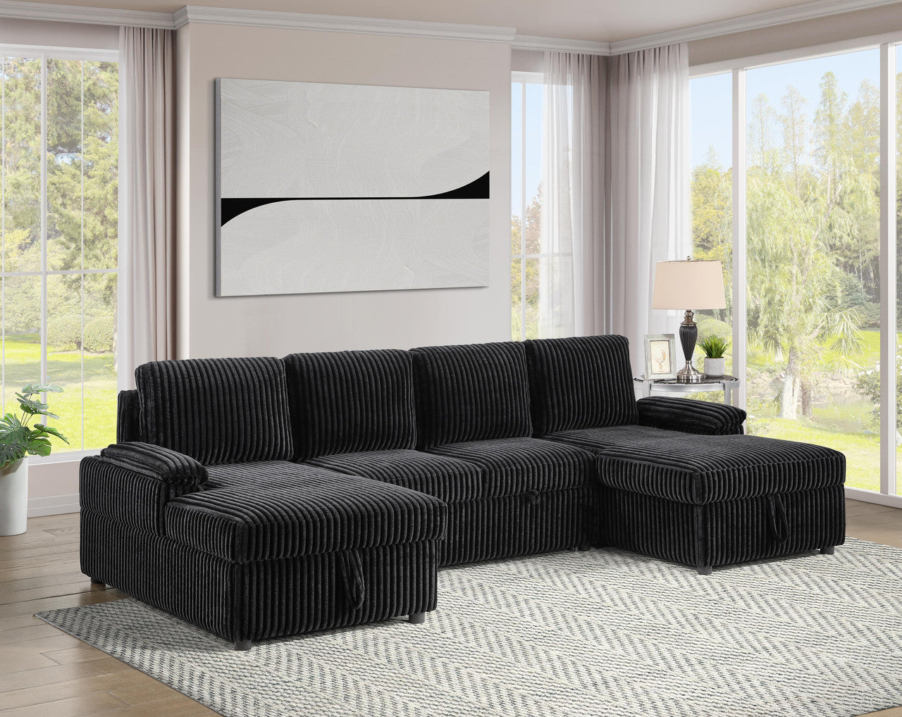 Ember  Black Sectional Sofa W/ Pull Out Bed & 2 Chaise