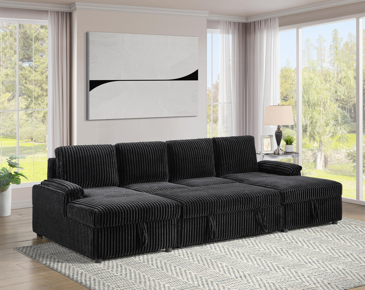 Ember  Black Sectional Sofa W/ Pull Out Bed & 2 Chaise