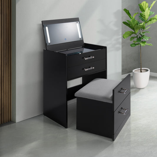 Irvine Mini Dressing Table with Stool, LED and USB in Glossy Black