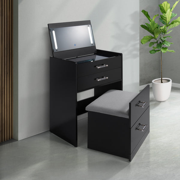 Irvine Mini Dressing Table with Stool, LED and USB in Glossy Black