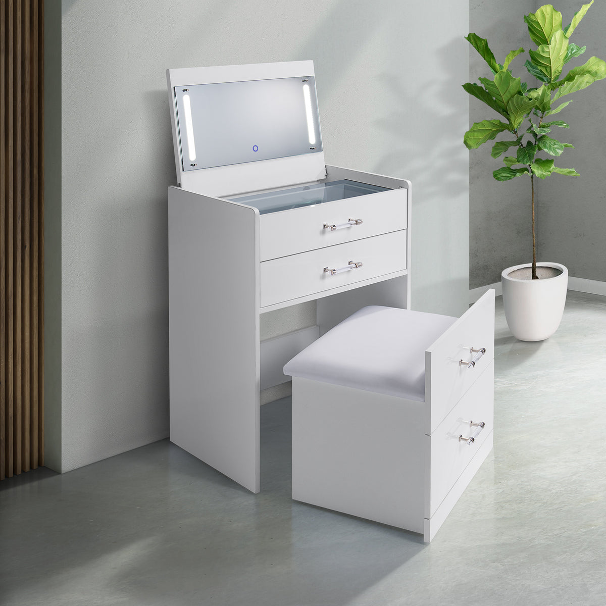 Irvine Mini Dressing Table With Stool, Led And Usb In Glossy White
