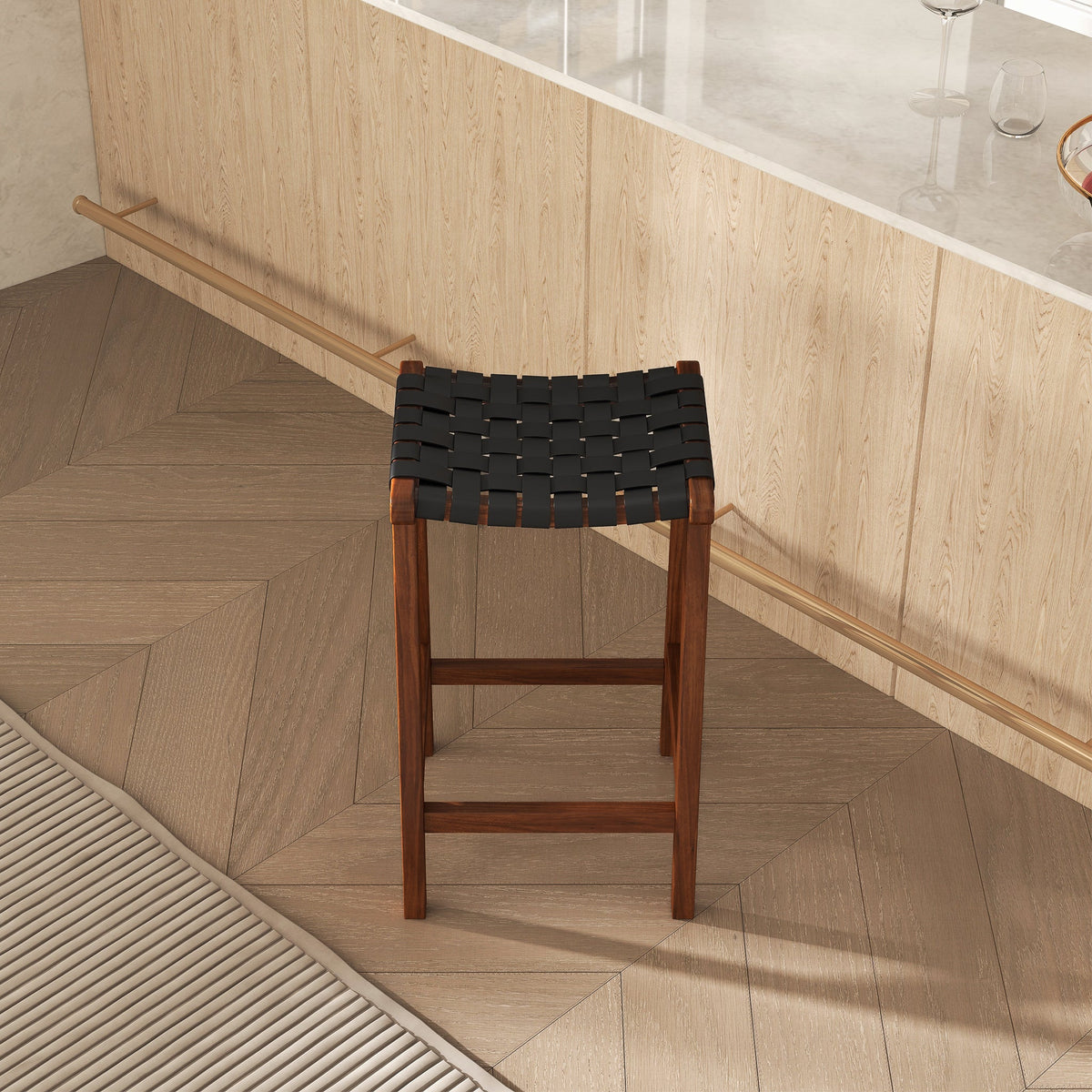 Taburete de bar James Mid-Century Modern de cuero negro genuino de 24.5"