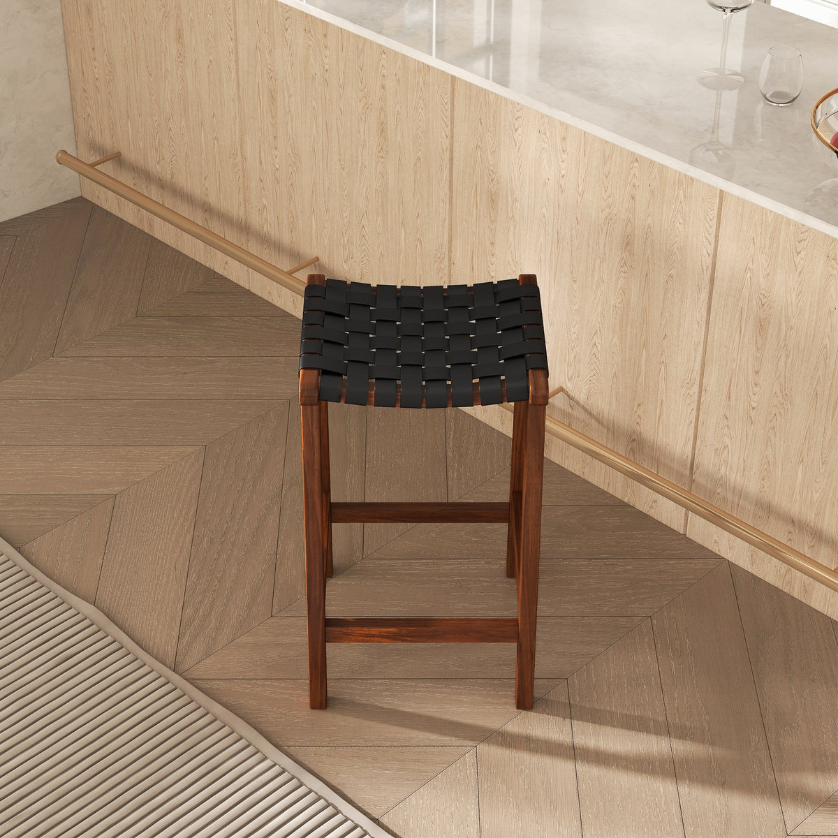 Taburete de bar James Mid-Century Modern de cuero negro genuino de 73 cm