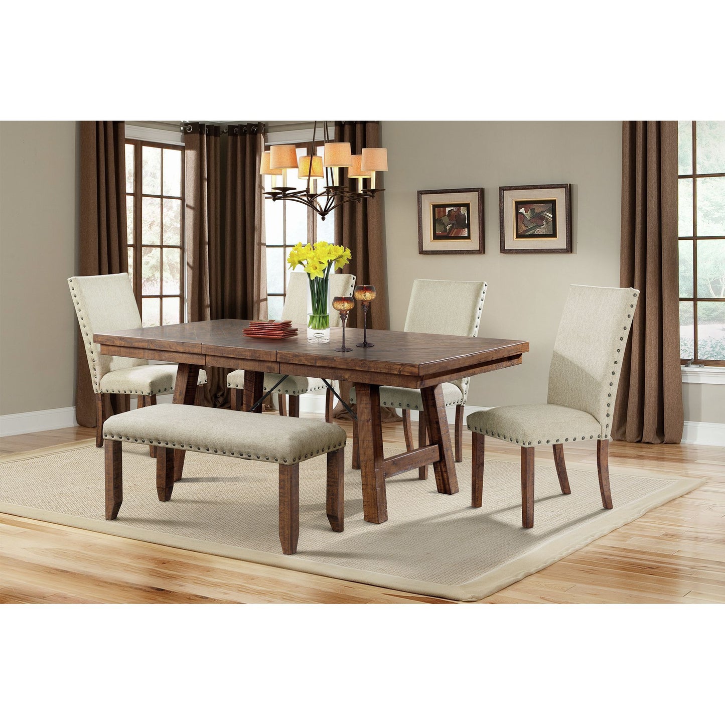 Jax 6pc Dining Set- Table 4 Upholstered Side Chairs & Bench