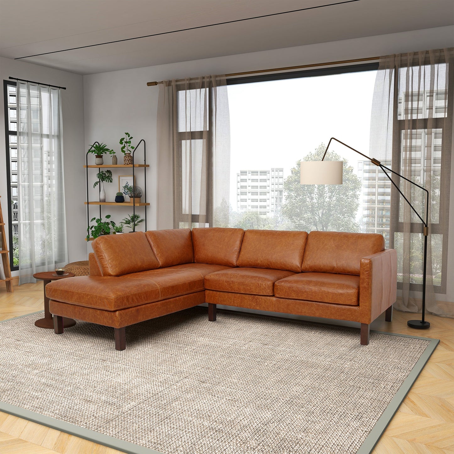 Sofá seccional izquierdo Juno de cuero color coñac encerado