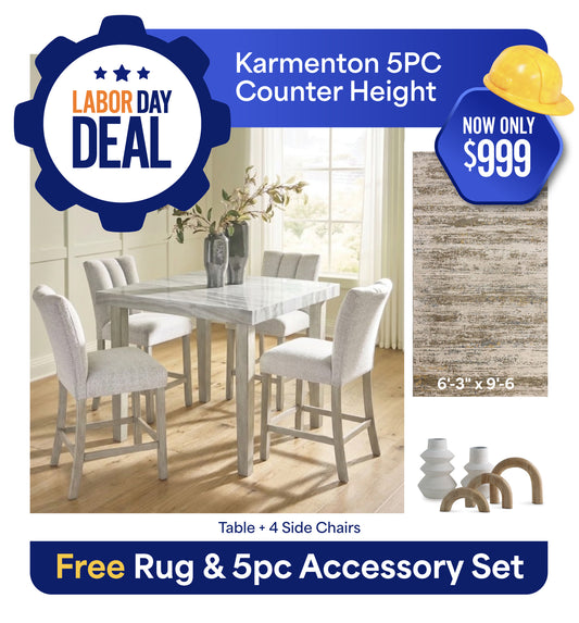 Karmenton 5PC Counter Dining Set + FREE 6'-3" x 9'-6" Rug & 5PC Accessory Set