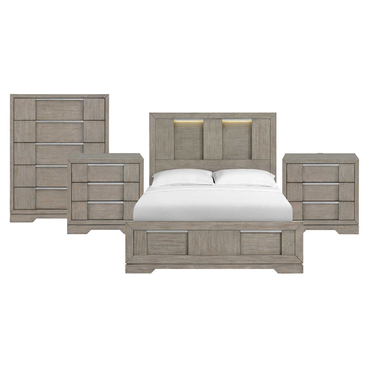 Kelis Queen 4PC Bedroom Set with 2 Nightstands & Chest in Grey