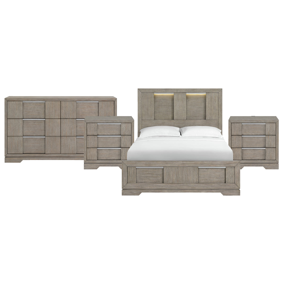 Kelis Queen 4PC Bedroom Set with 2 Nightstands & Dresser in Grey