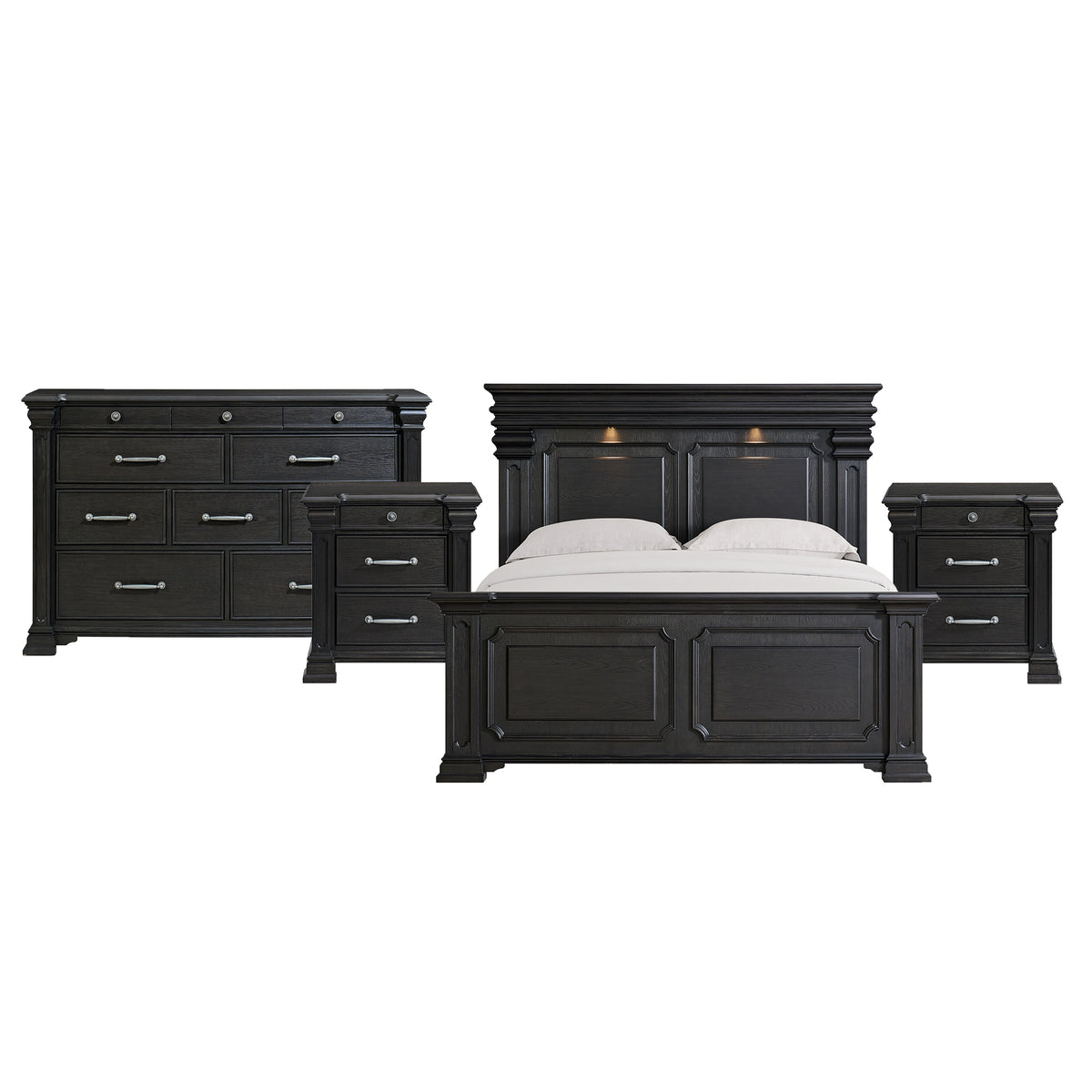 Kings Court King 4PC Bedroom Set with 2 Nightstands & Dresser in Black