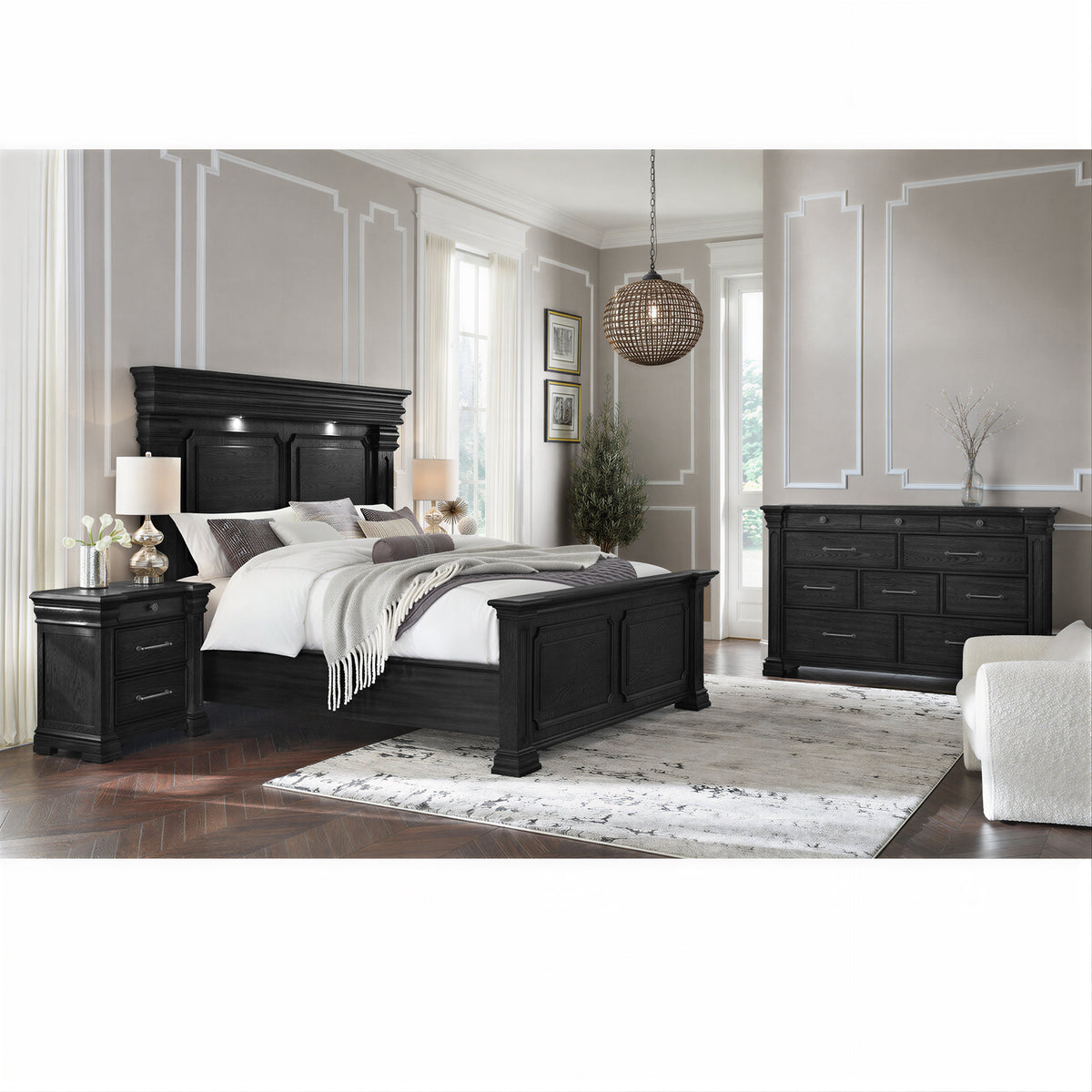 Kings Court King 4PC Bedroom Set with 2 Nightstands & Dresser in Black