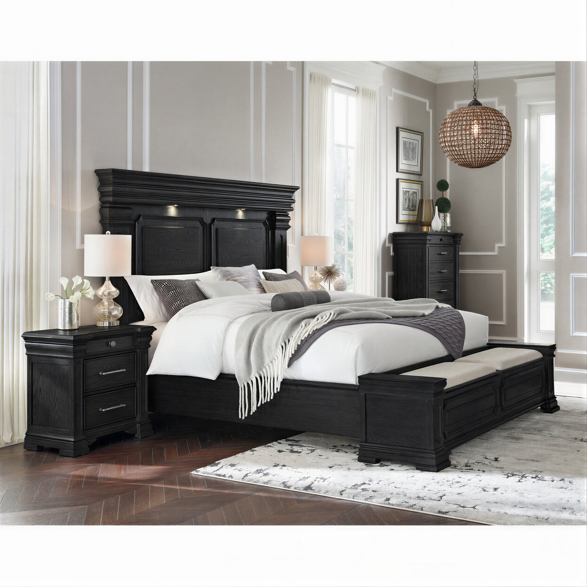 Kings Court King Storage 4PC Bedroom Set with 2 Nightstands & Chest in Black