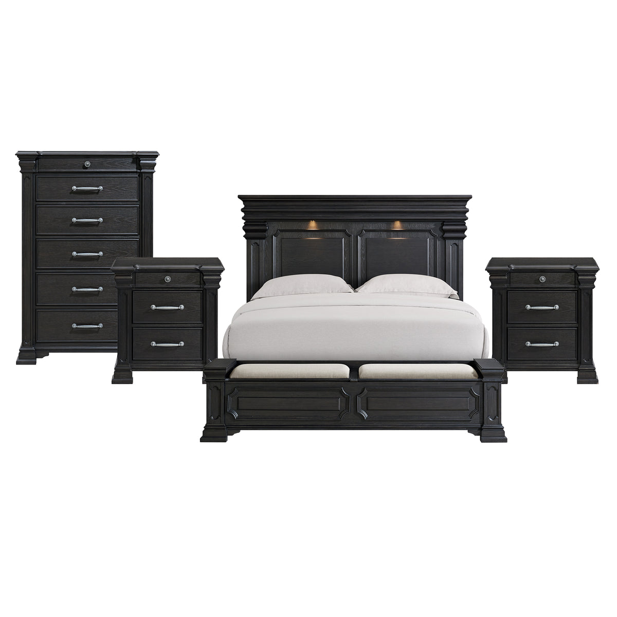 Kings Court King Storage 4PC Bedroom Set with 2 Nightstands & Chest in Black