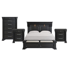 Kings Court King Storage 4PC Bedroom Set with 2 Nightstands & Chest in Black