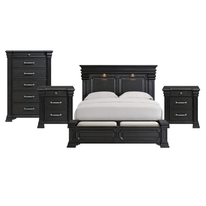 Kings Court King Storage 4PC Bedroom Set with 2 Nightstands & Chest in Black