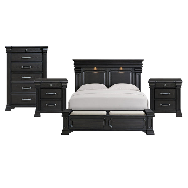 Kings Court King Storage 4PC Bedroom Set with 2 Nightstands & Chest in Black