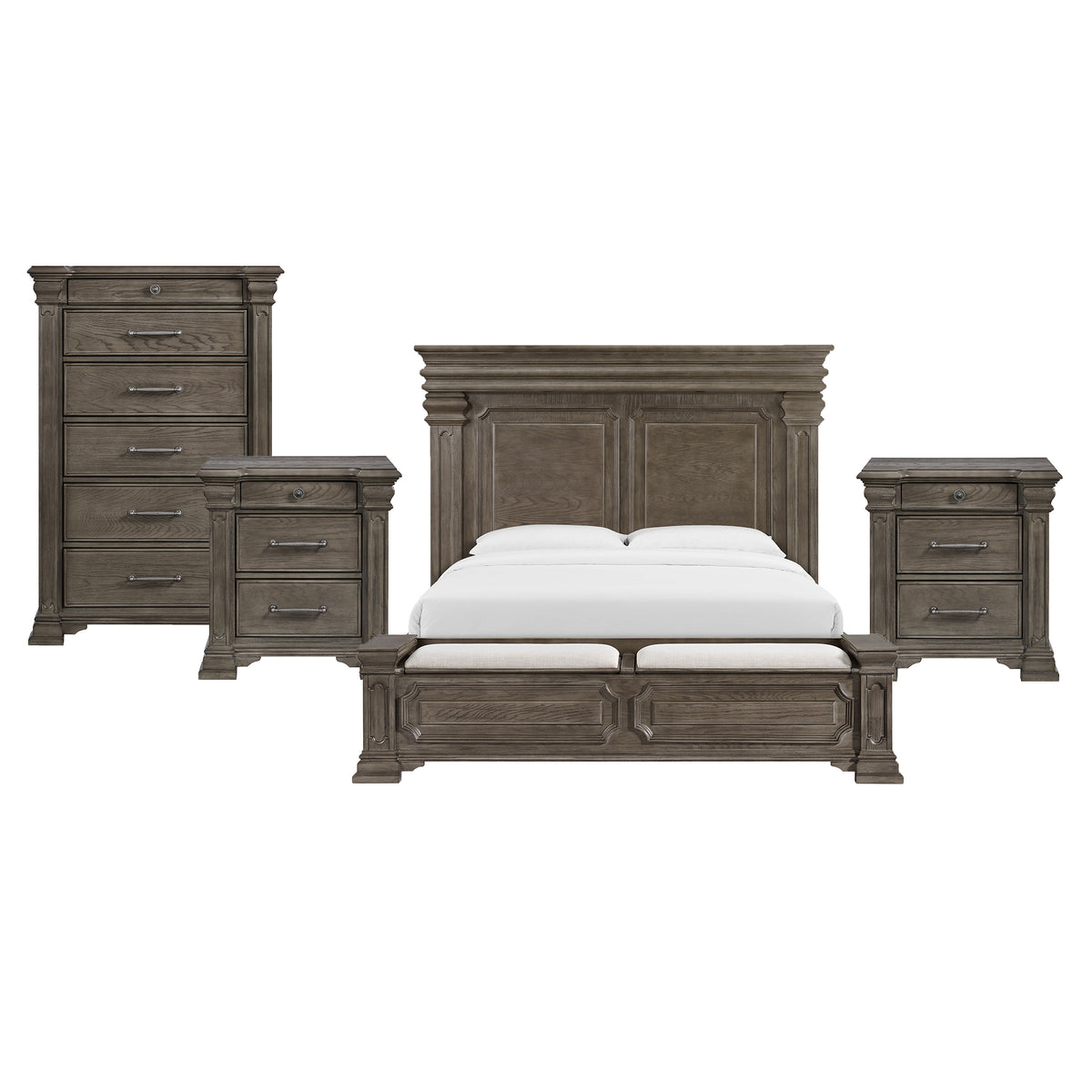 Kings Court King Storage 4PC Bedroom Set with 2 Nightstands & Chest in Grey