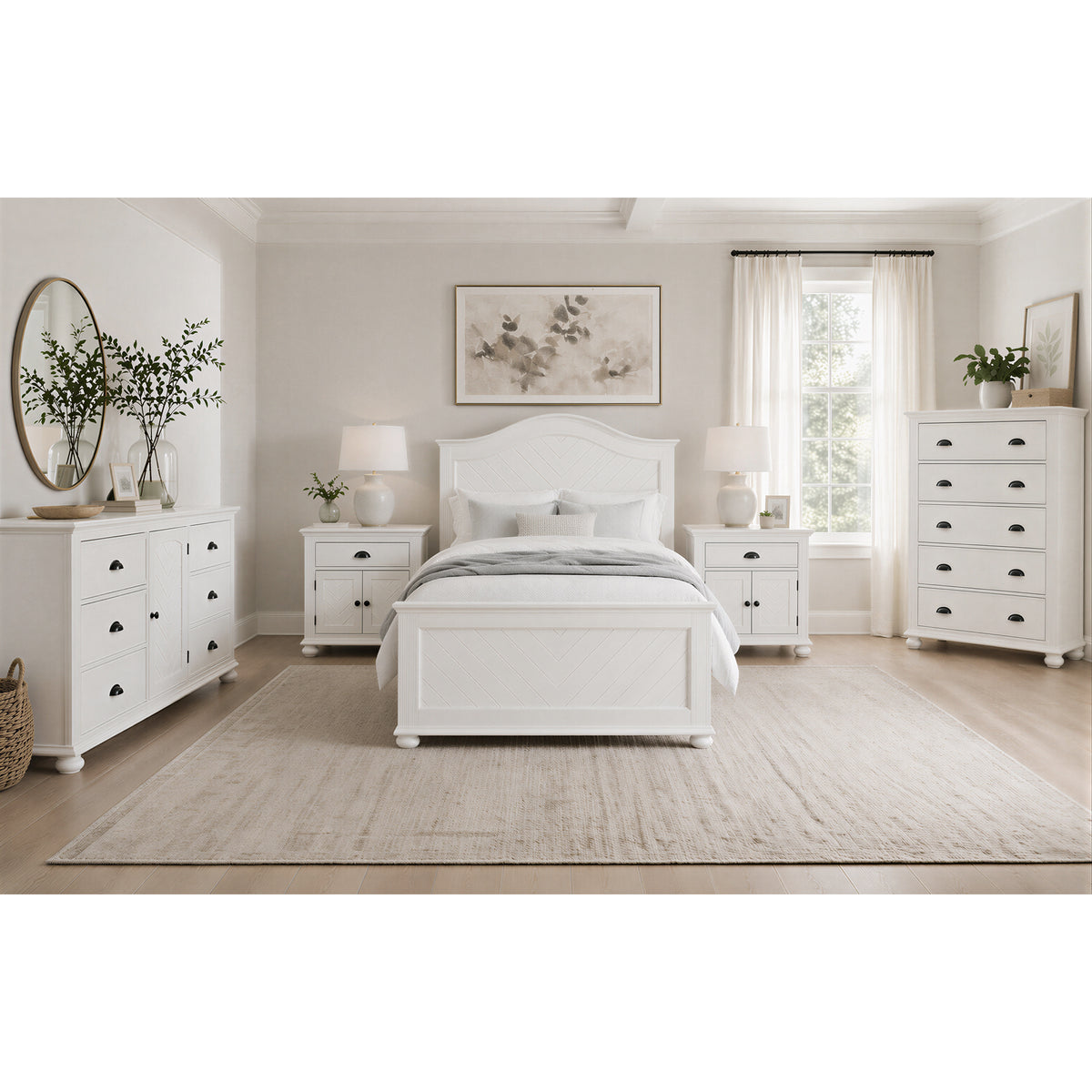 Kona Queen 5PC Bedroom Set with 2 Nightstands, Dresser & Chest in White