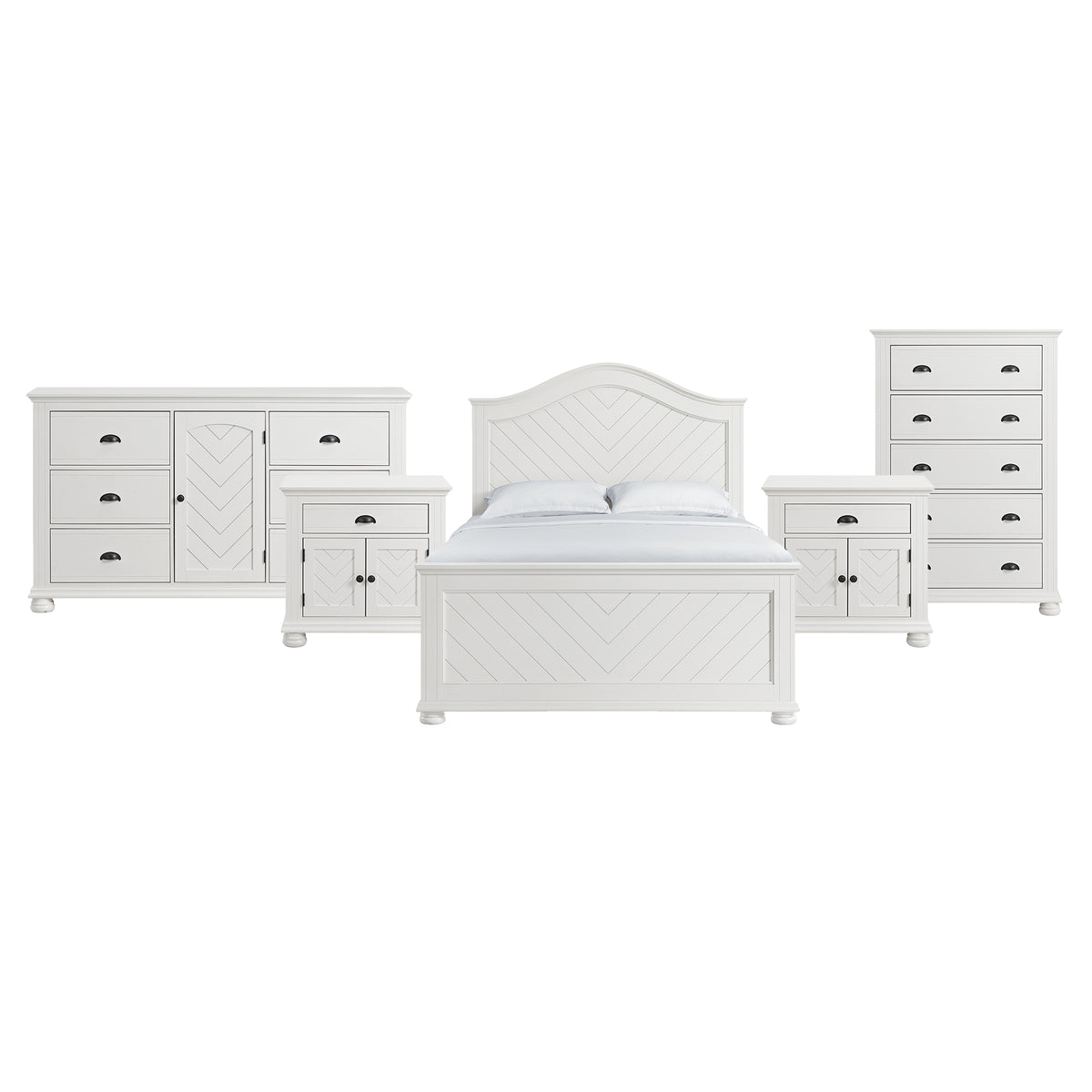 Kona Queen 5PC Bedroom Set with 2 Nightstands, Dresser & Chest in White