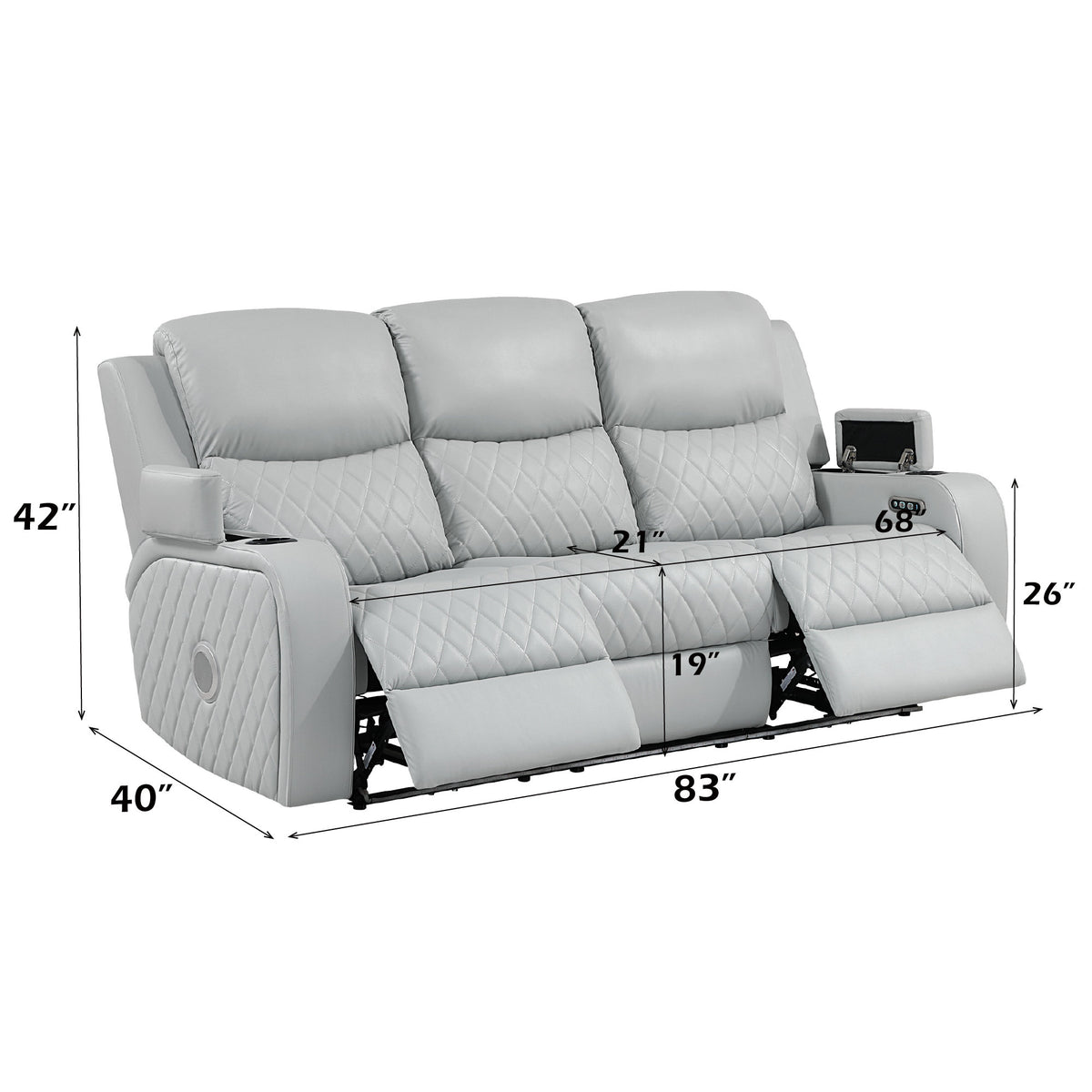 Elonzo Synthetic Leather Upholstered Power Motion Sofa with Storage Armrest, Cup Holder, LED Lighting, USB Port, Power Headrest and Speaker