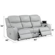 Elonzo Synthetic Leather Upholstered Power Motion Sofa with Storage Armrest, Cup Holder, LED Lighting, USB Port, Power Headrest and Speaker