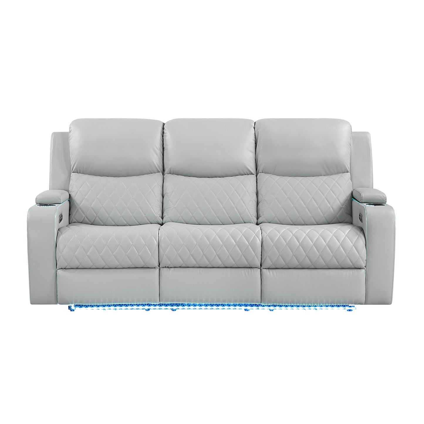 Elonzo Synthetic Leather Upholstered Power Motion Sofa with Storage Armrest, Cup Holder, LED Lighting, USB Port, Power Headrest and Speaker