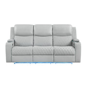 Elonzo Synthetic Leather Upholstered Power Motion Sofa with Storage Armrest, Cup Holder, LED Lighting, USB Port, Power Headrest and Speaker