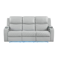 Elonzo Synthetic Leather Upholstered Power Motion Sofa with Storage Armrest, Cup Holder, LED Lighting, USB Port, Power Headrest and Speaker