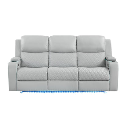Elonzo Synthetic Leather Upholstered Power Motion Sofa with Storage Armrest, Cup Holder, LED Lighting, USB Port, Power Headrest and Speaker