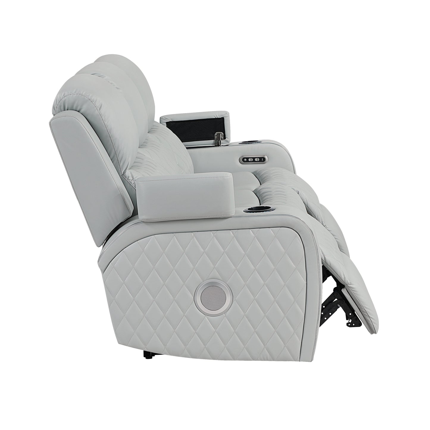 Elonzo Synthetic Leather Upholstered Power Motion Sofa with Storage Armrest, Cup Holder, LED Lighting, USB Port, Power Headrest and Speaker