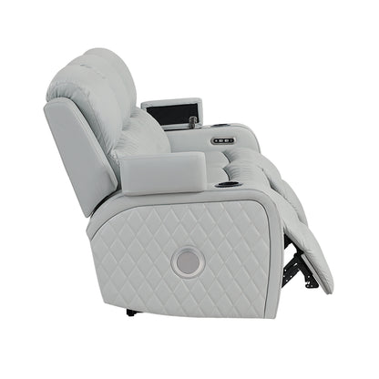 Elonzo Synthetic Leather Upholstered Power Motion Sofa with Storage Armrest, Cup Holder, LED Lighting, USB Port, Power Headrest and Speaker