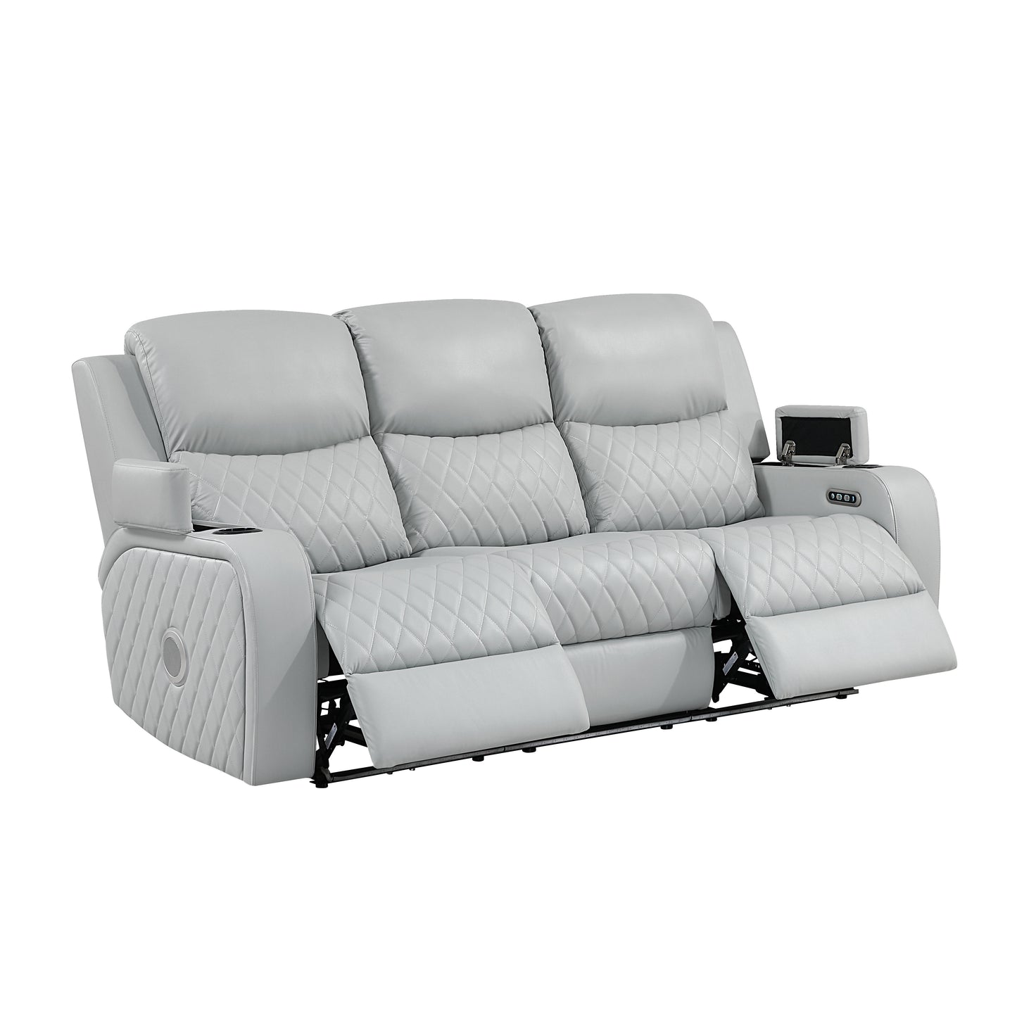 Elonzo Synthetic Leather Upholstered Power Motion Sofa with Storage Armrest, Cup Holder, LED Lighting, USB Port, Power Headrest and Speaker