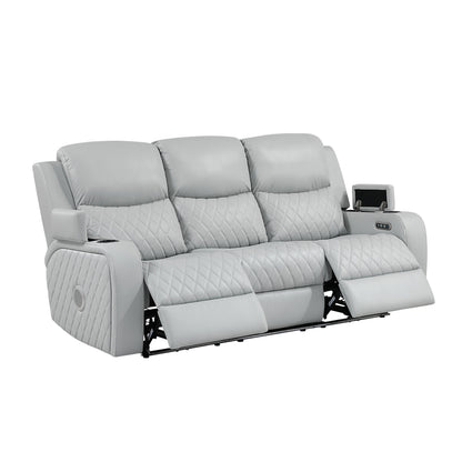 Elonzo Synthetic Leather Upholstered Power Motion Sofa with Storage Armrest, Cup Holder, LED Lighting, USB Port, Power Headrest and Speaker