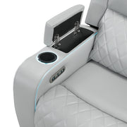 Elonzo Synthetic Leather Upholstered Power Motion Sofa with Storage Armrest, Cup Holder, LED Lighting, USB Port, Power Headrest and Speaker