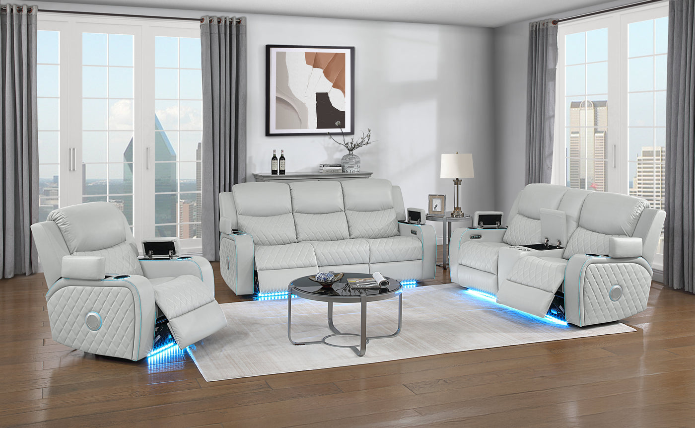 Elonzo Synthetic Leather Upholstered Power Motion Sofa with Storage Armrest, Cup Holder, LED Lighting, USB Port, Power Headrest and Speaker