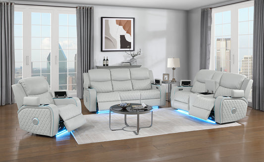 Elonzo Synthetic Leather Upholstered Power Motion Sofa with Storage Armrest, Cup Holder, LED Lighting, USB Port, Power Headrest and Speaker