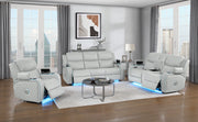 Elonzo Synthetic Leather Upholstered Power Motion Loveseat with Storage Console, Cup Holder, LED Lighting, USB Port, Power Headrest and Speaker