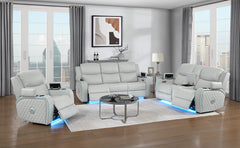 Elonzo Synthetic Leather Upholstered Power Motion Loveseat with Storage Console, Cup Holder, LED Lighting, USB Port, Power Headrest and Speaker