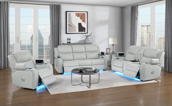 Elonzo Synthetic Leather Upholstered Power Motion Sofa with Storage Armrest, Cup Holder, LED Lighting, USB Port, Power Headrest and Speaker