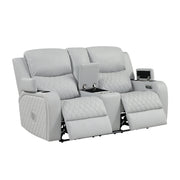 Elonzo Synthetic Leather Upholstered Power Motion Loveseat with Storage Console, Cup Holder, LED Lighting, USB Port, Power Headrest and Speaker