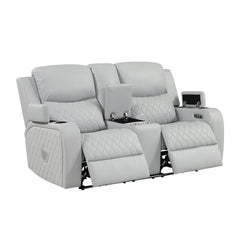 Elonzo Synthetic Leather Upholstered Power Motion Loveseat with Storage Console, Cup Holder, LED Lighting, USB Port, Power Headrest and Speaker