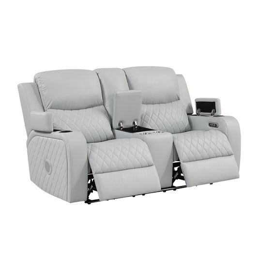 Elonzo Synthetic Leather Upholstered Power Motion Loveseat with Storage Console, Cup Holder, LED Lighting, USB Port, Power Headrest and Speaker