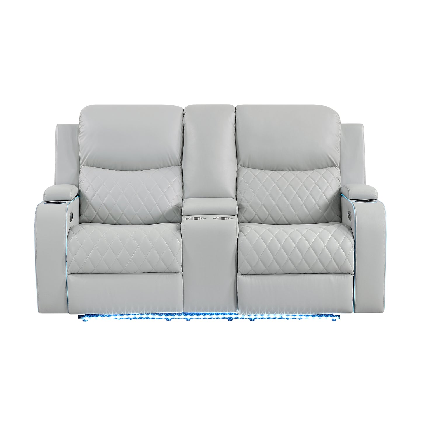Elonzo Synthetic Leather Upholstered Power Motion Loveseat with Storage Console, Cup Holder, LED Lighting, USB Port, Power Headrest and Speaker