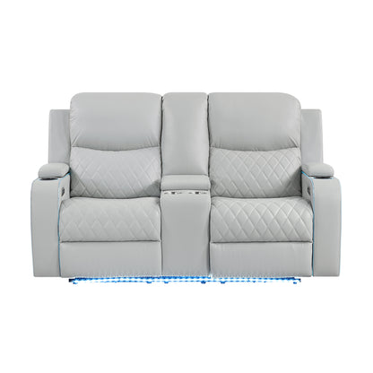 Elonzo Synthetic Leather Upholstered Power Motion Loveseat with Storage Console, Cup Holder, LED Lighting, USB Port, Power Headrest and Speaker